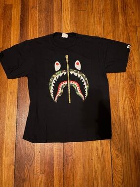 Bape Black Shark Zip Tee with Camo & Red Accents